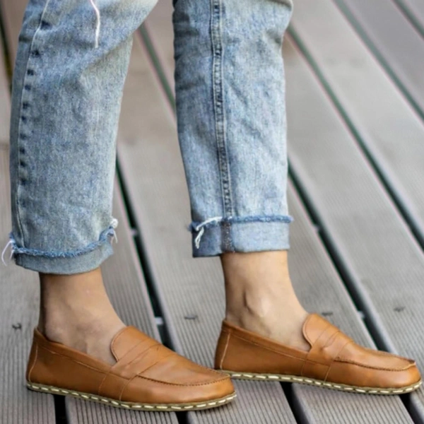 Handmade-Mustard-Brown-Barefoot-Earthing-Womens-Penny-Loafers