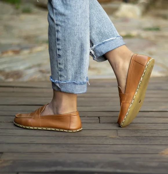 Handmade Light Brown Barefoot Earthing Women Penny Loafers