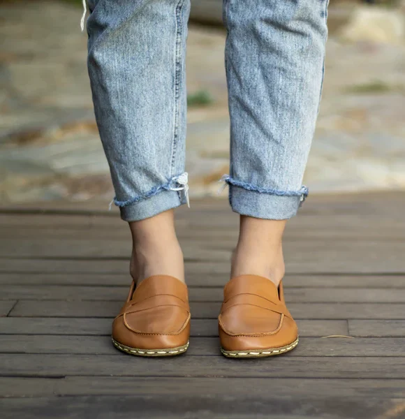 Handmade Light Brown Barefoot Earthing Women Penny Loafers