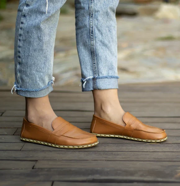 Handmade Light Brown Barefoot Earthing Women Penny Loafers