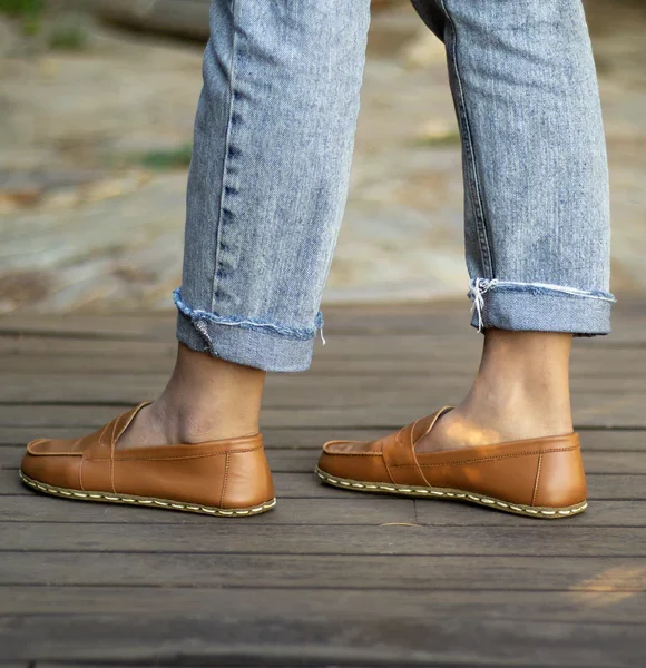 Handmade Light Brown Barefoot Earthing Women Penny Loafers