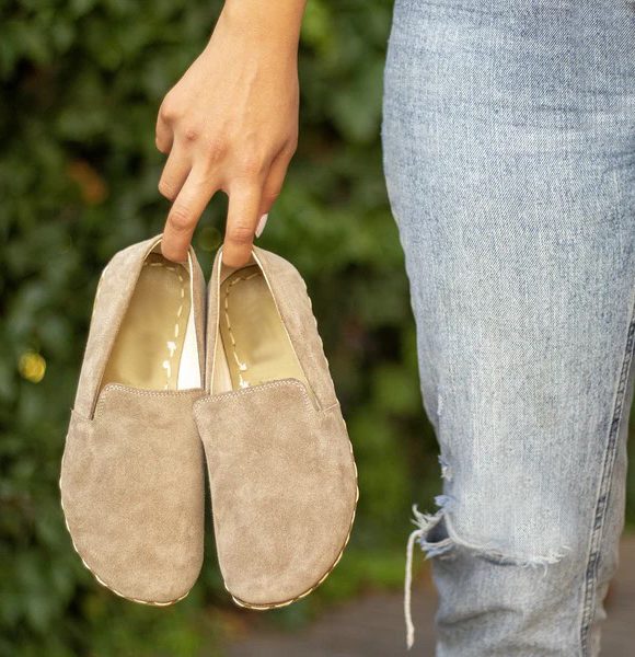 Women Handmade Suede Light Brown Barefoot Loafers