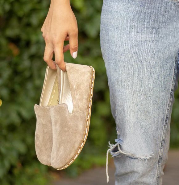 Women Handmade Suede Light Brown Barefoot Loafers