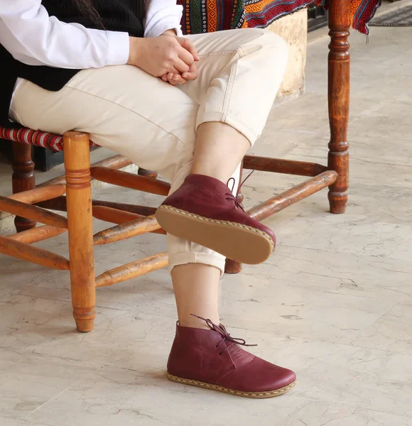 CHIC WITH Women Handmade Barefoot Burgundy Chukka Boots
