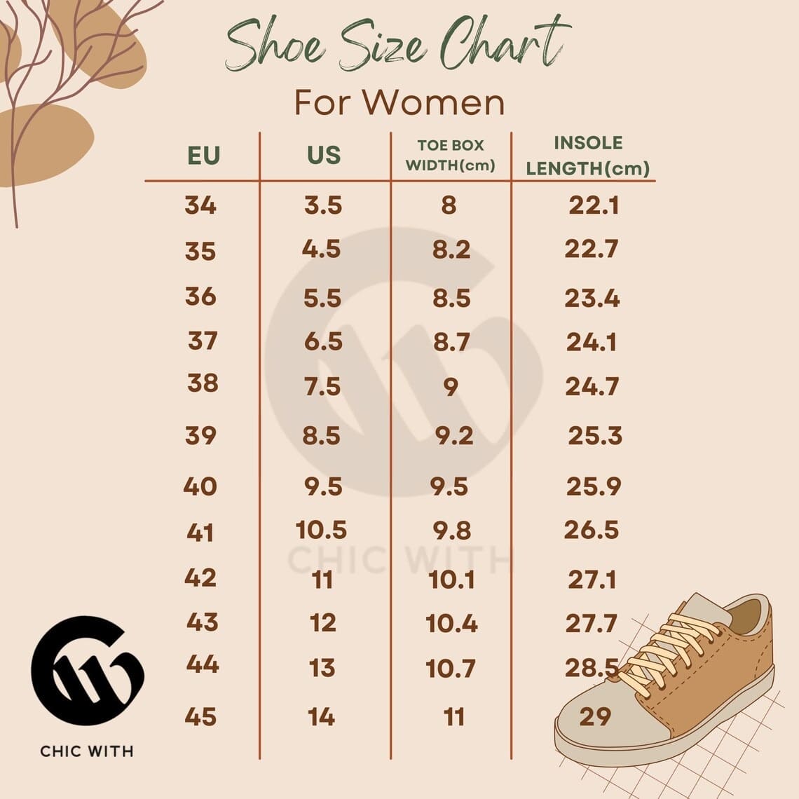 women shoe size chart